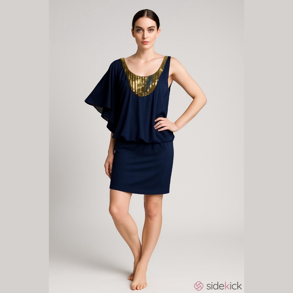 Baby Phat Y2k Navy and Gold Women's Short Mini Beaded One Shoulder Dress